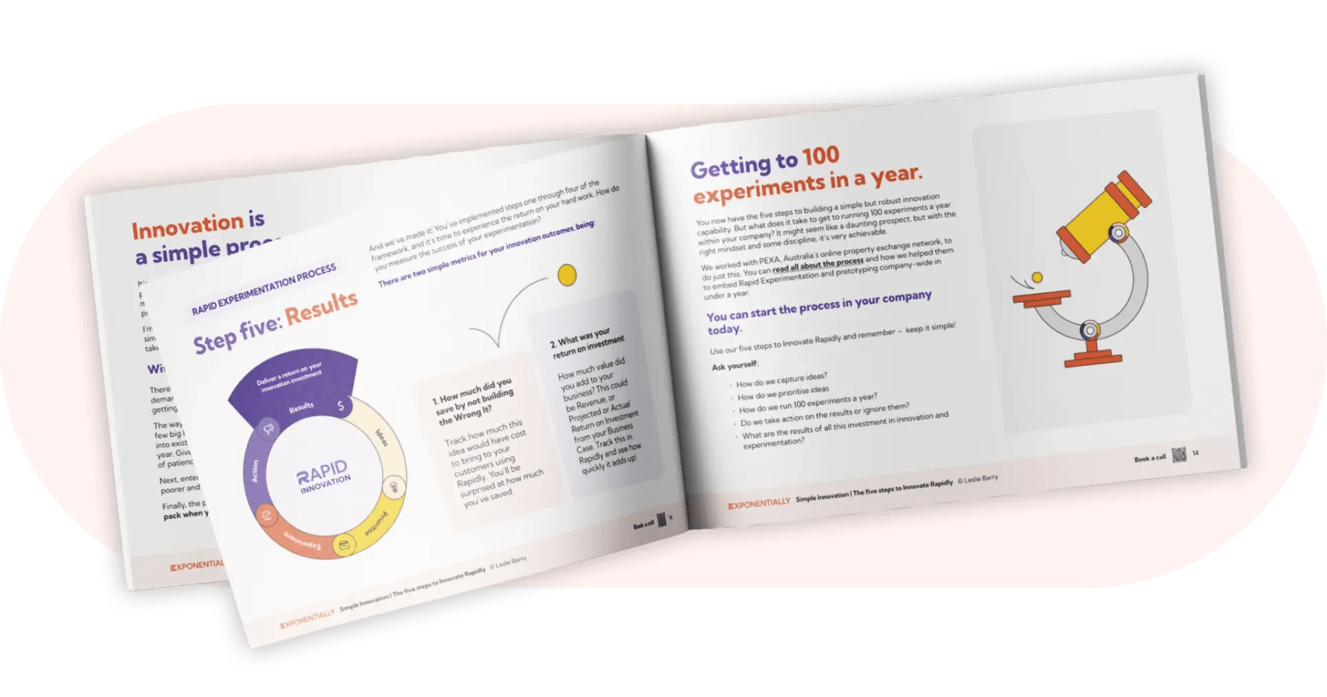 Innovation Guide - Open booklet showing pages with text, charts, and an illustration of a microscope