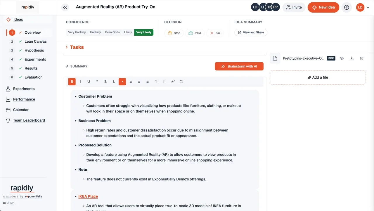 Rapidly software live idea workspace with AI summary, confidence, decisions and file attachments